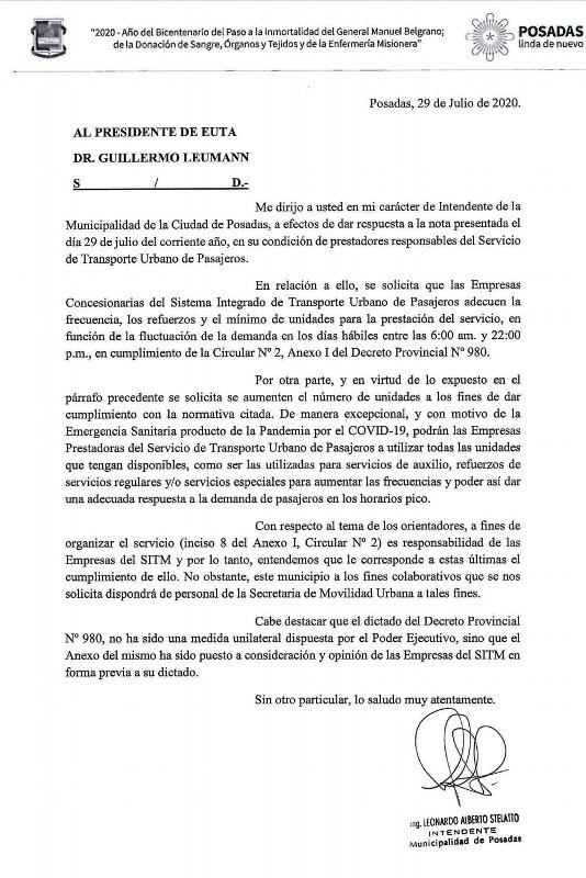 Transporte Público: el Intendente de Posadas reclamó por frecuencias, refuerzos y mínimo de unidades a la EUTA