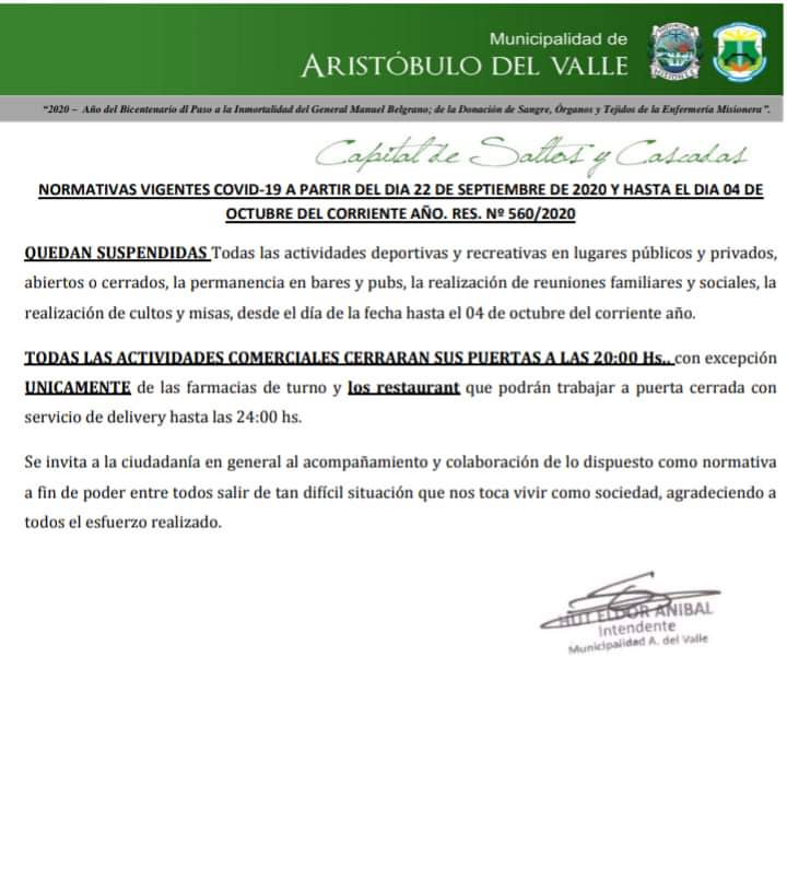 Coronavirus: en Aristóbulo del Valle hay 23 personas aisladas y continuarán con actividades restringidas